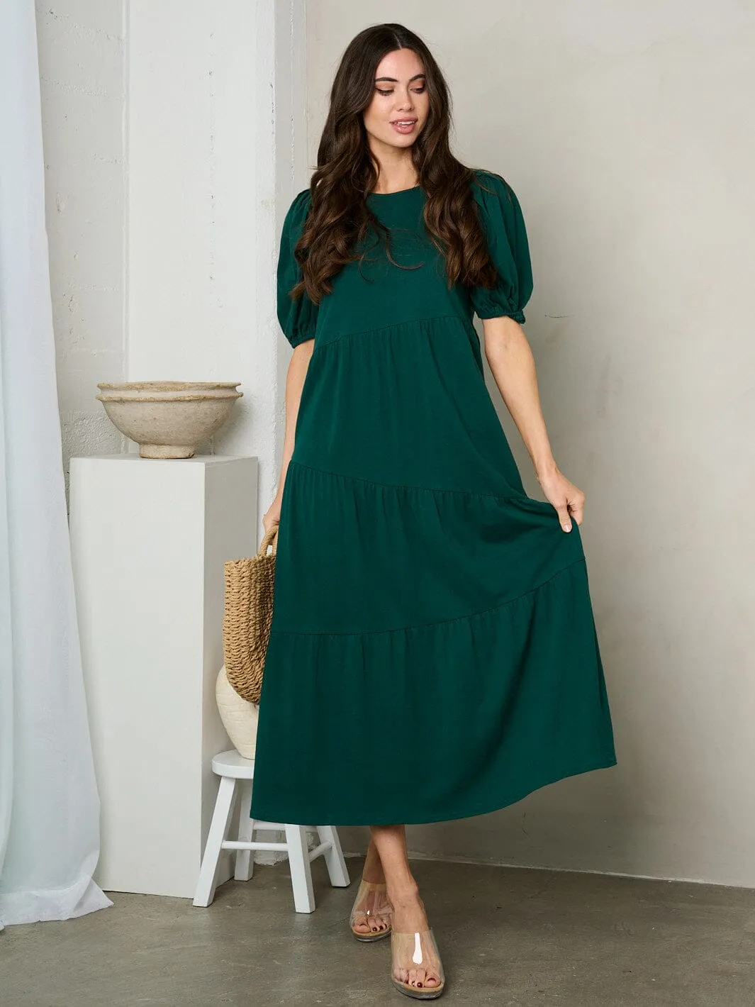 WOMEN'S SHORT PUFF SLEEVE TIERED TUNIC MAXI DRESS