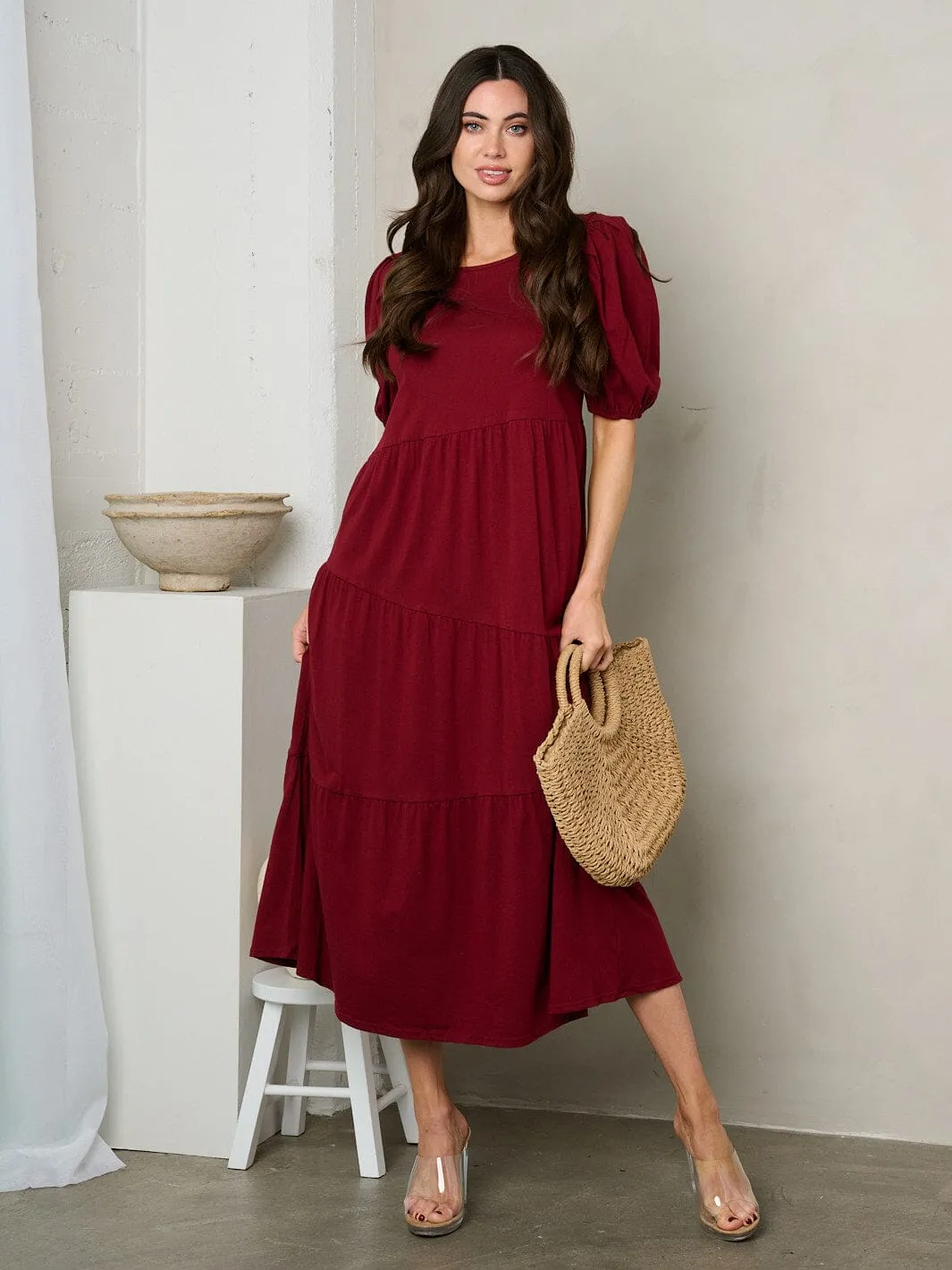 WOMEN'S SHORT PUFF SLEEVE TIERED TUNIC MAXI DRESS
