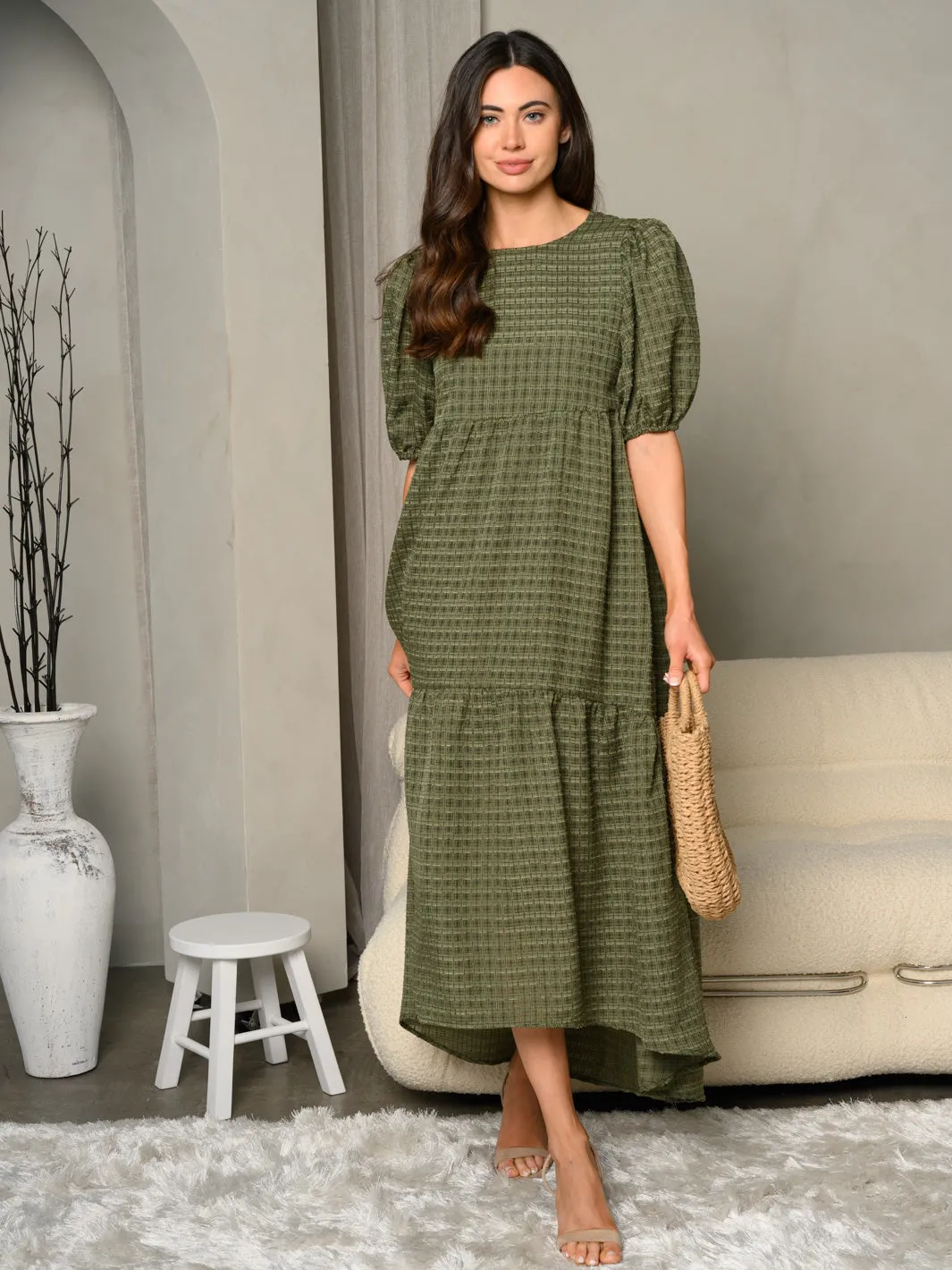WOMEN'S SHORT PUFF SLEEVE TIRED BACK LACE UP MAXI DRESS