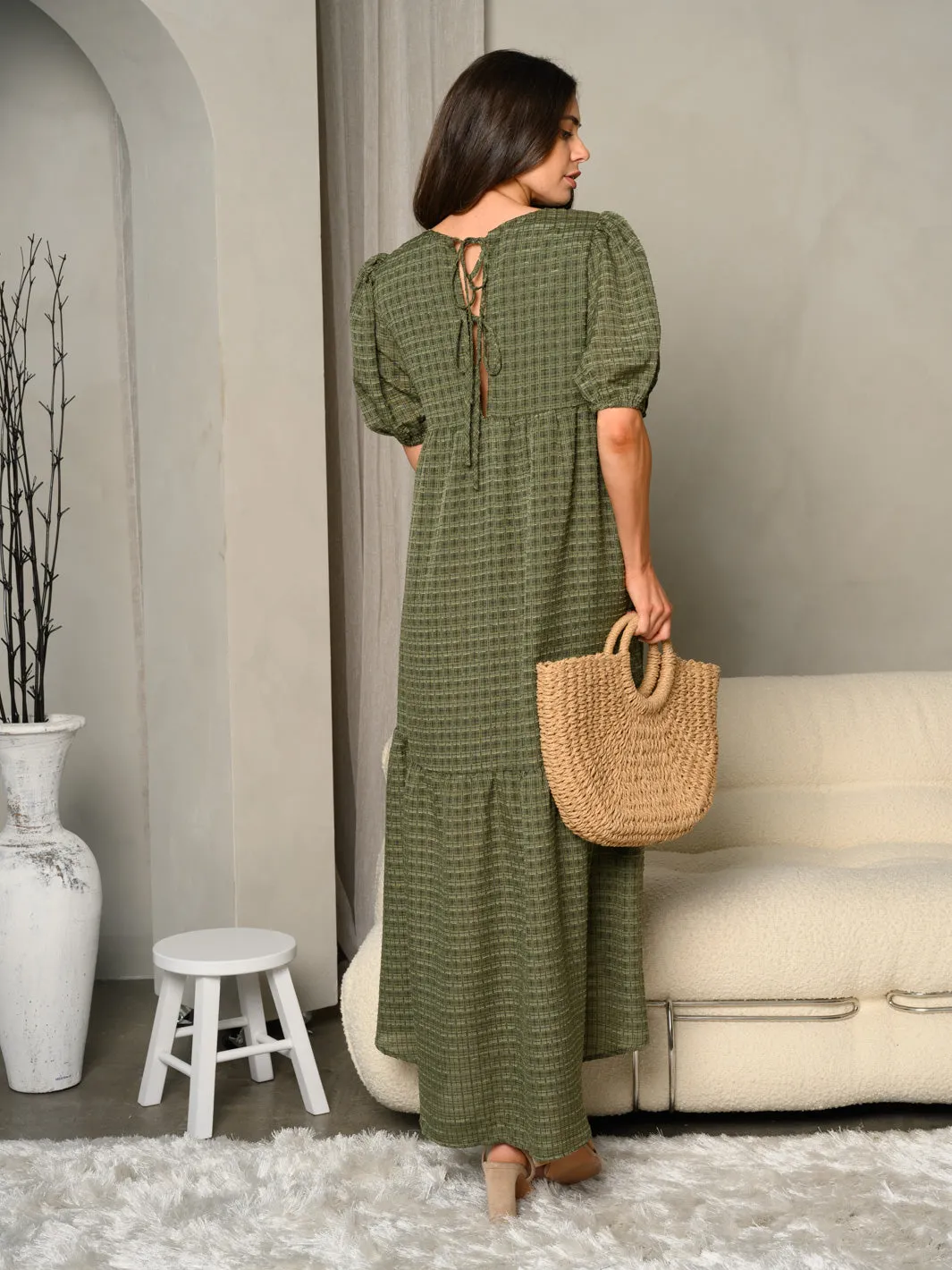 WOMEN'S SHORT PUFF SLEEVE TIRED BACK LACE UP MAXI DRESS