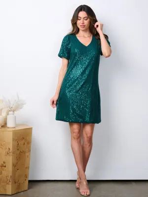WOMEN'S SHORT PUFF SLEEVE V-NECK SEQUINS MINI DRESS