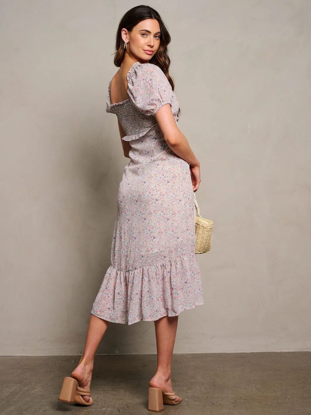 WOMEN'S SHORT PUFF SLEEVES BUTTONS DETAIL FLORAL MIDI DRESS