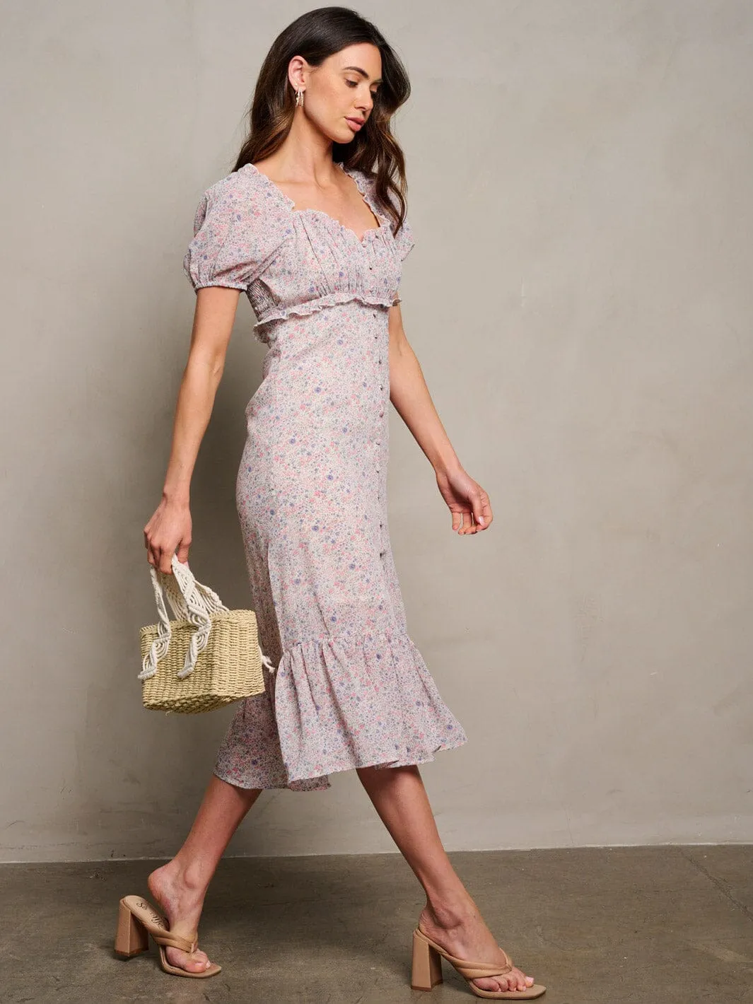 WOMEN'S SHORT PUFF SLEEVES BUTTONS DETAIL FLORAL MIDI DRESS