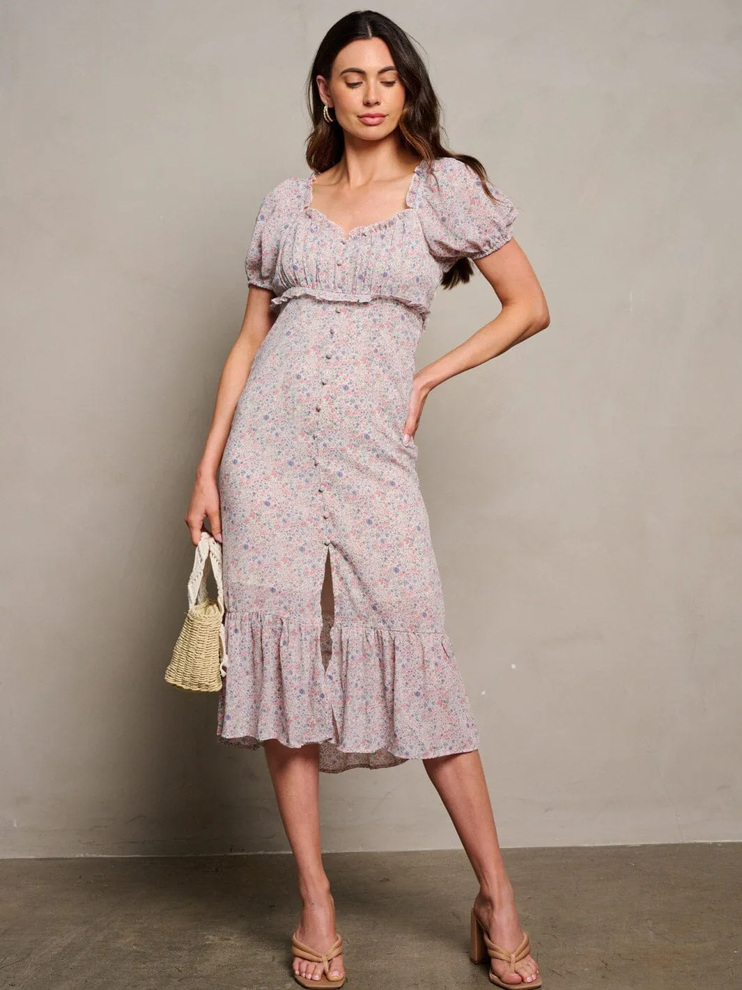 WOMEN'S SHORT PUFF SLEEVES BUTTONS DETAIL FLORAL MIDI DRESS