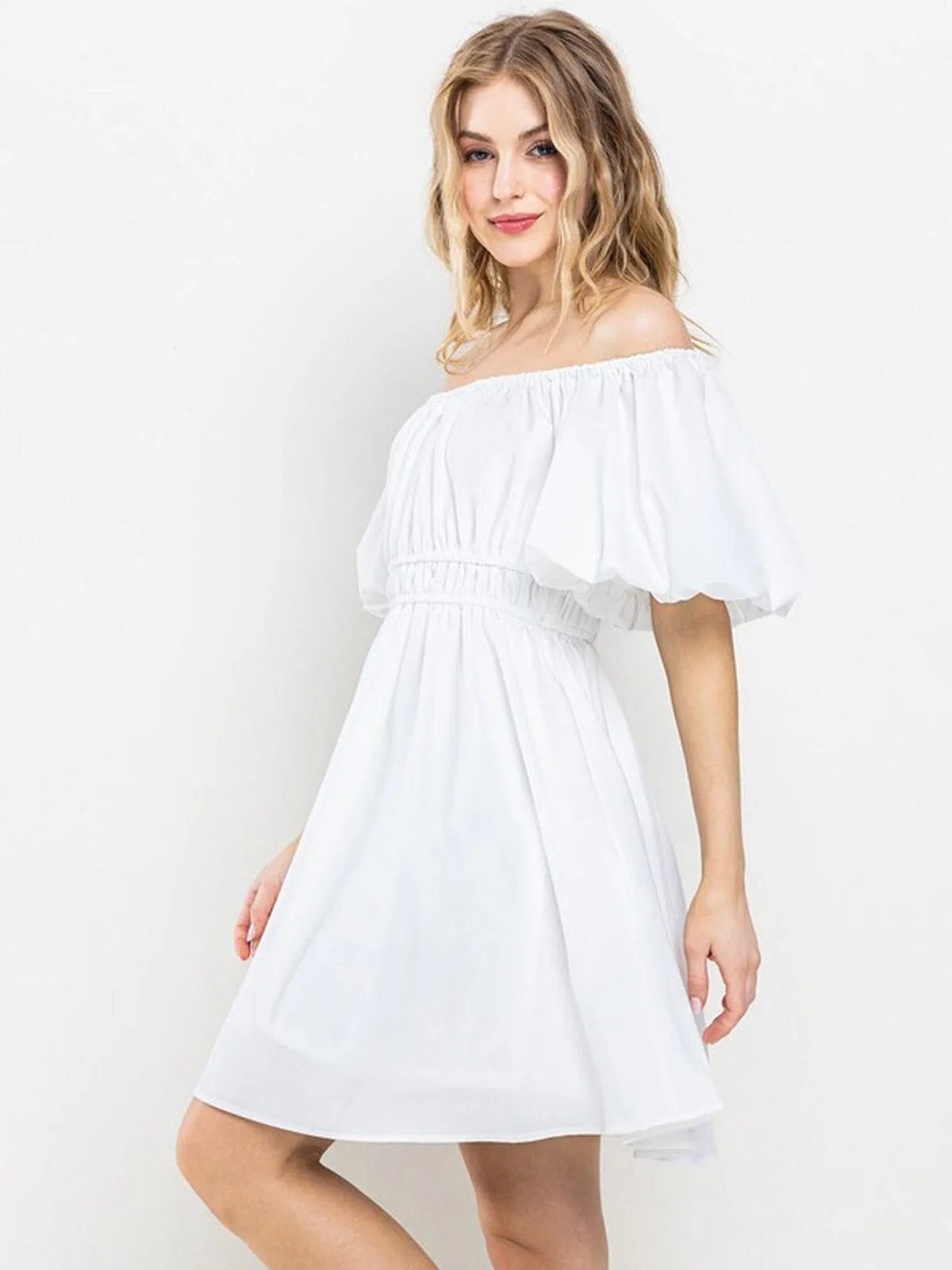 WOMEN'S SHORT PUFF SLEEVES OFF SHOULDER MINI DRESS
