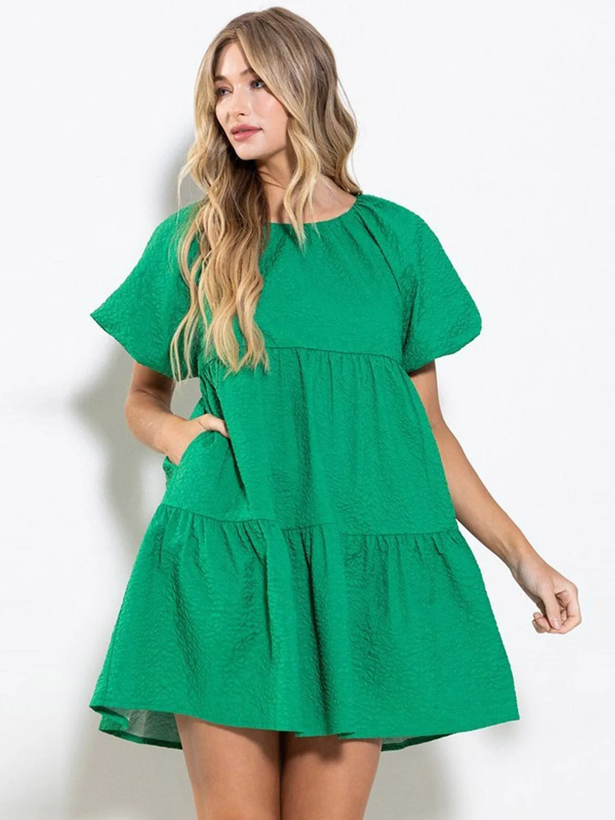 WOMEN'S SHORT PUFF SLEEVES POCKETS TIERED MINI DRESS