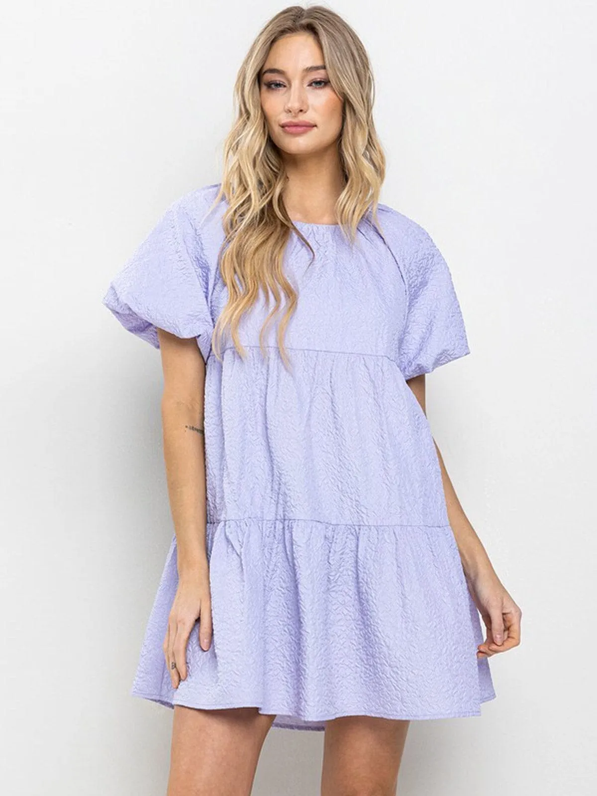 WOMEN'S SHORT PUFF SLEEVES POCKETS TIERED MINI DRESS