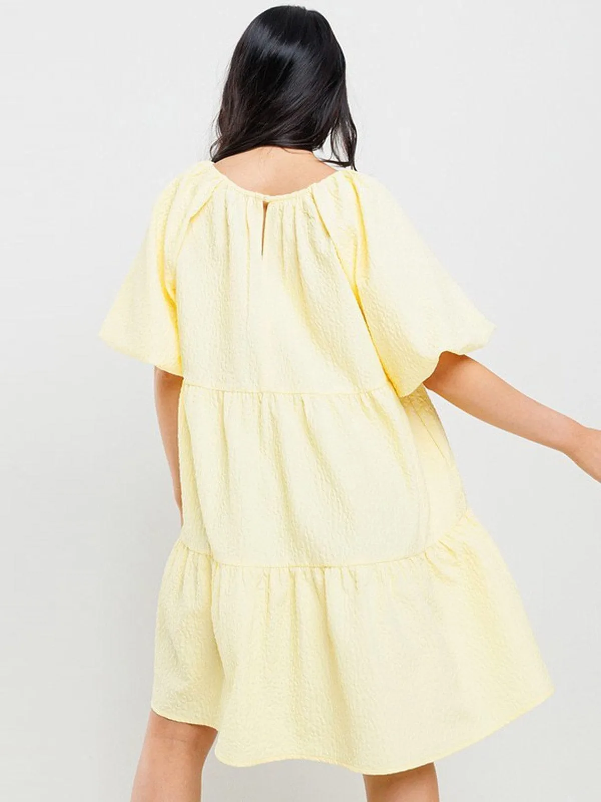 WOMEN'S SHORT PUFF SLEEVES POCKETS TIERED MINI DRESS