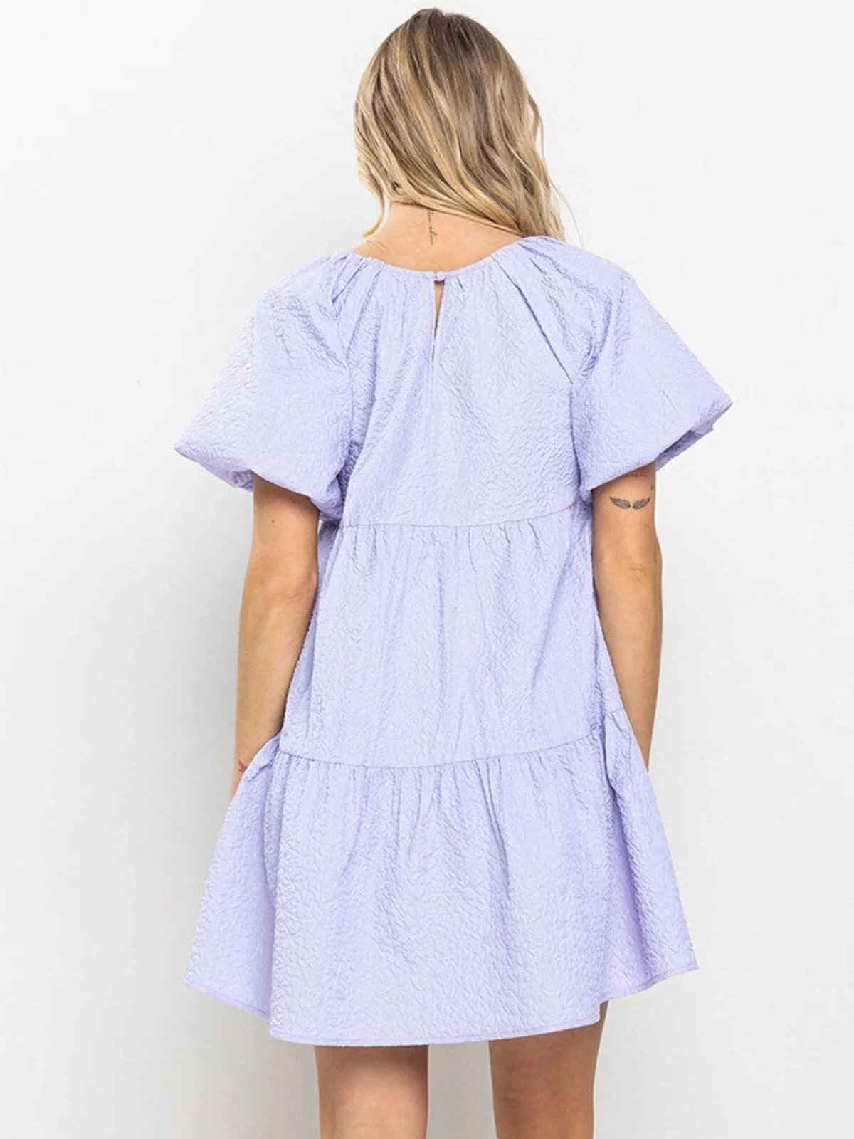 WOMEN'S SHORT PUFF SLEEVES POCKETS TIERED MINI DRESS