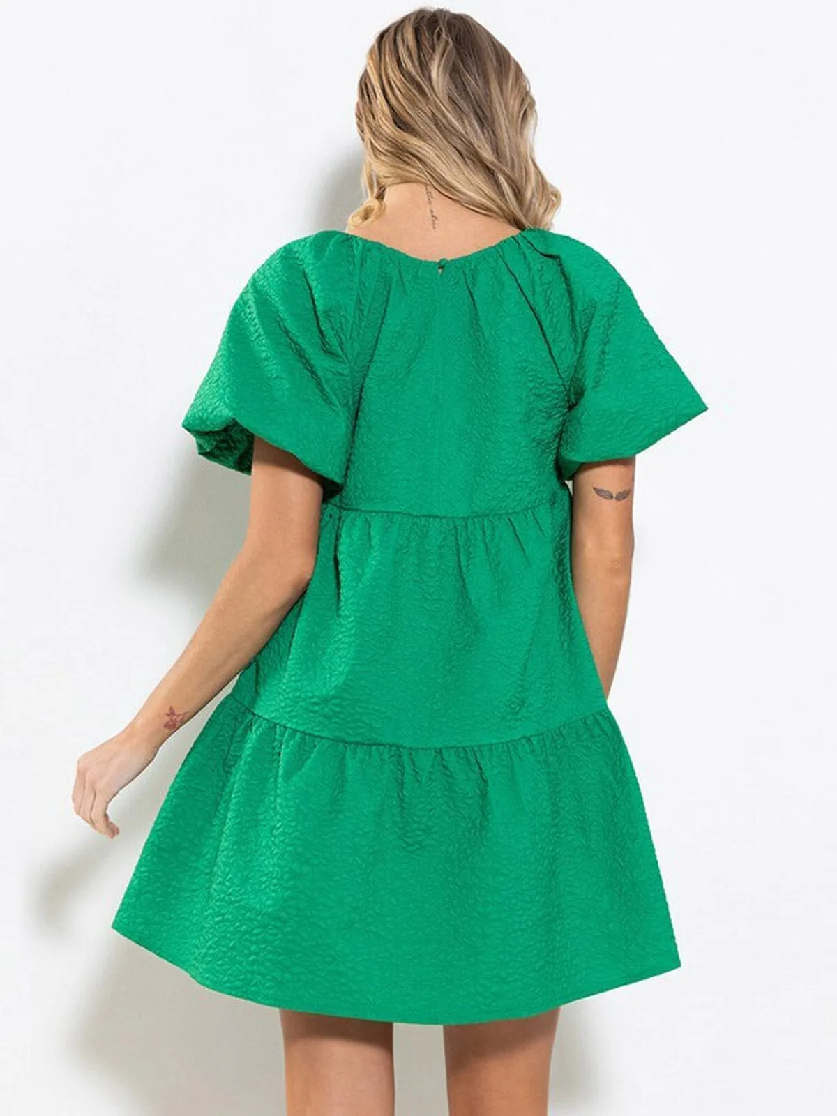WOMEN'S SHORT PUFF SLEEVES POCKETS TIERED MINI DRESS