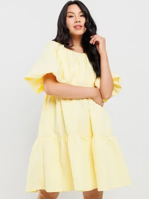 WOMEN'S SHORT PUFF SLEEVES POCKETS TIERED MINI DRESS