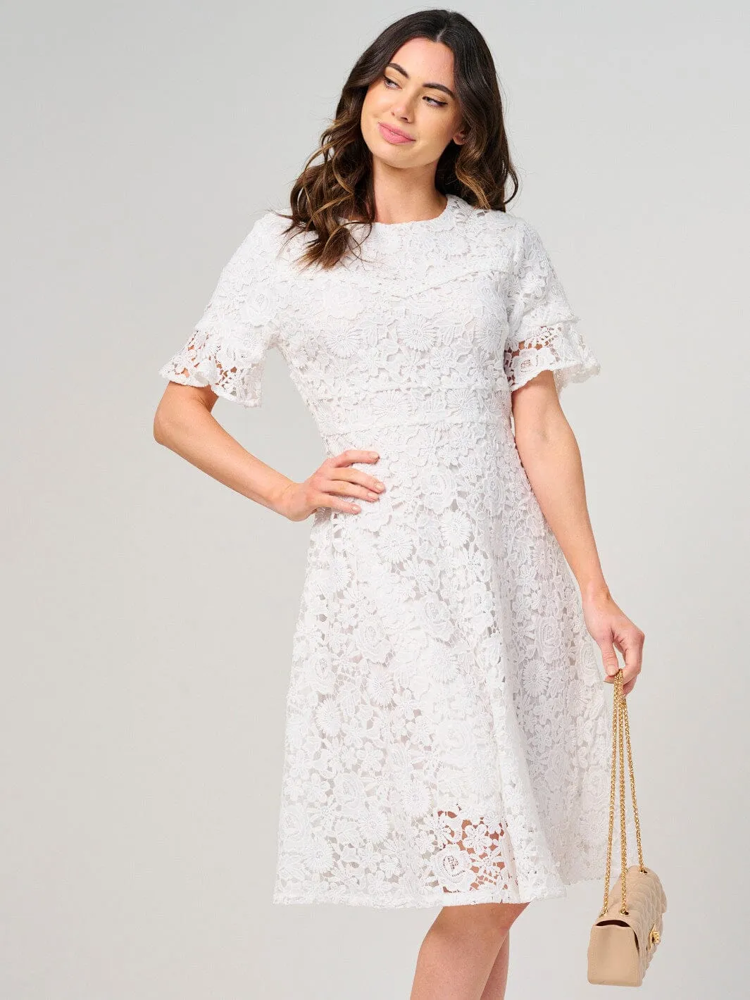 WOMEN'S SHORT RUFFLE SLEEVE FLORAL LACE MINI DRESS