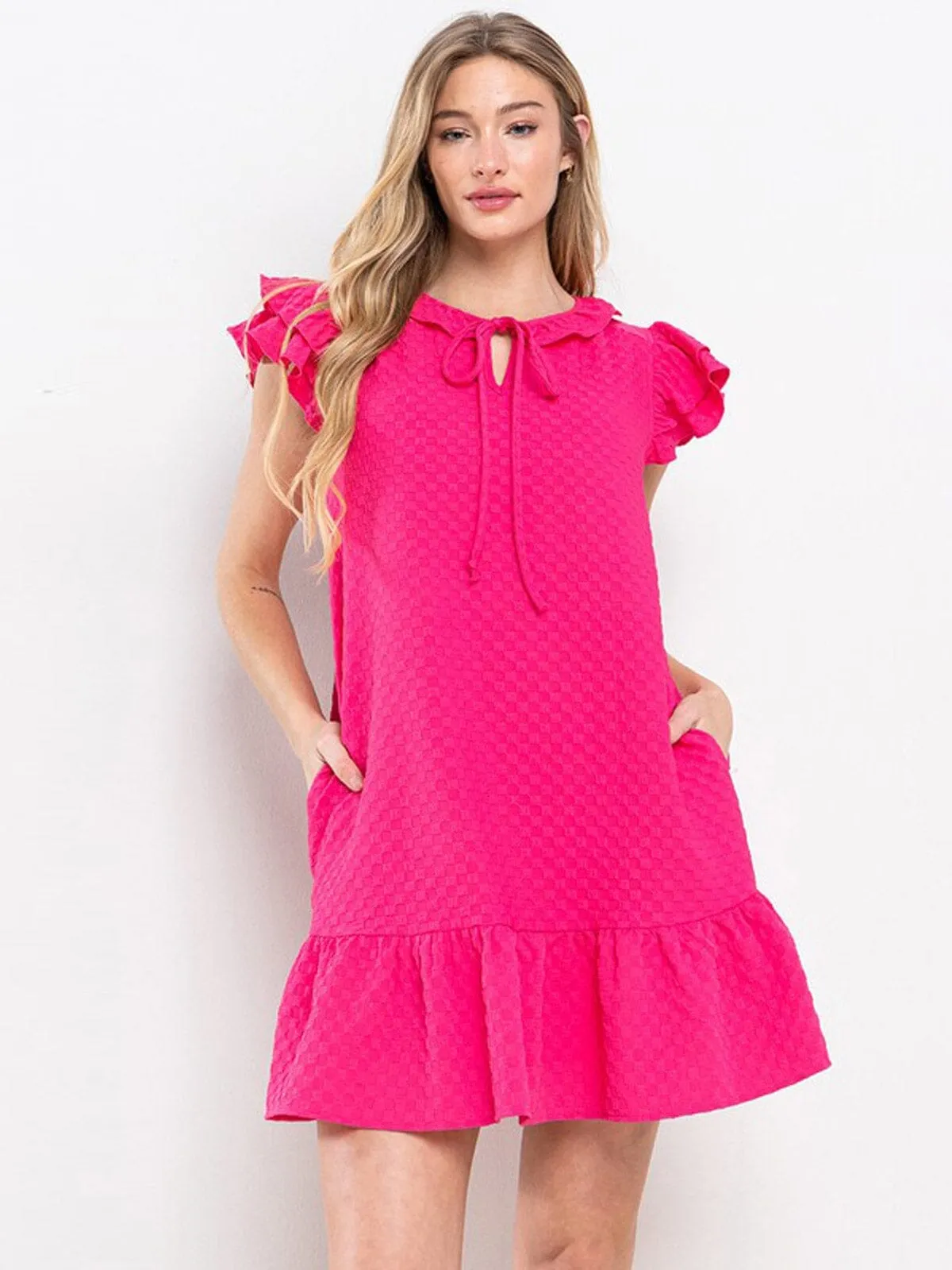WOMEN'S SHORT RUFFLE SLEEVE POCKETS DETAILED TUNIC MINI DRESS