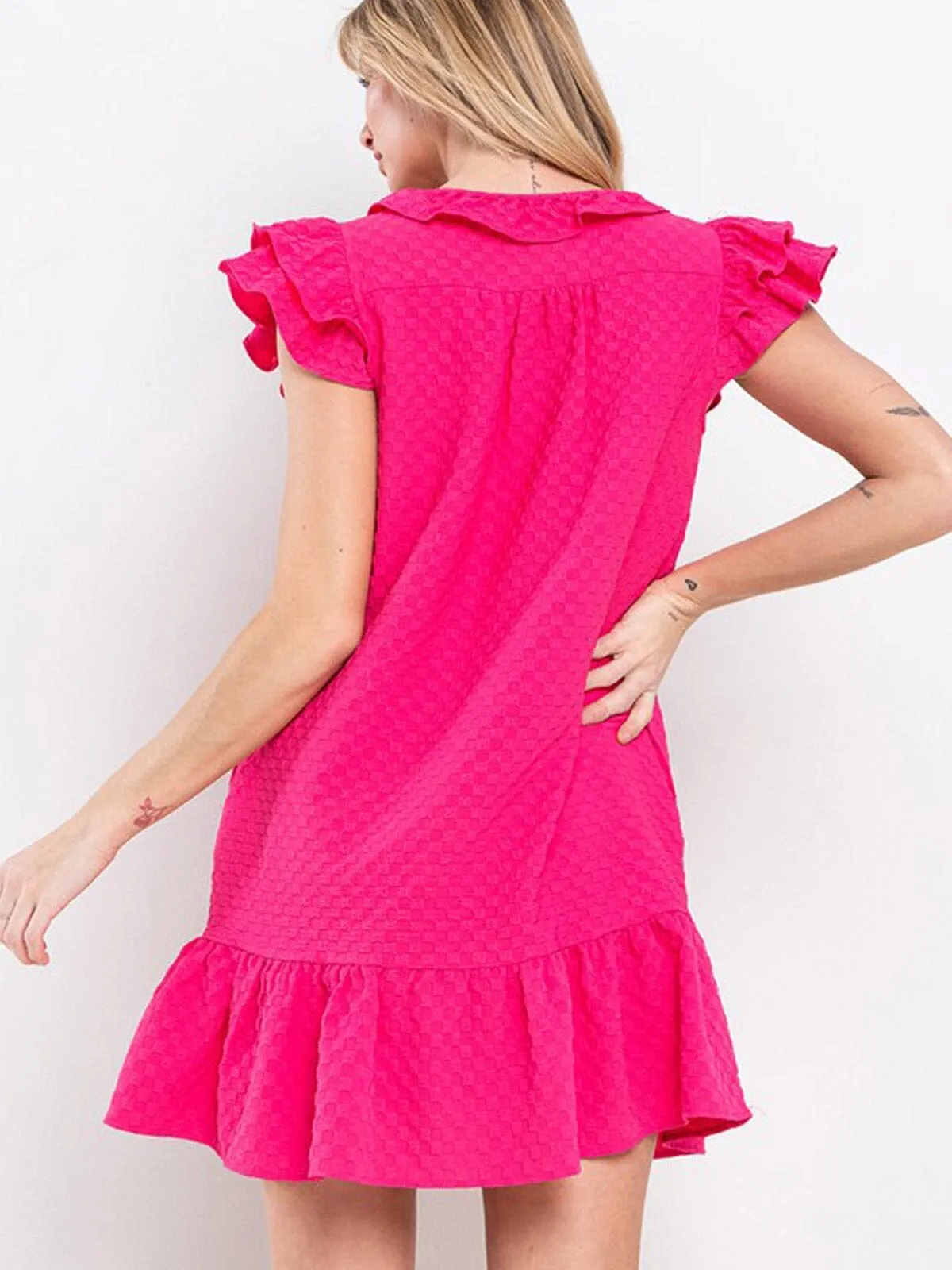 WOMEN'S SHORT RUFFLE SLEEVE POCKETS DETAILED TUNIC MINI DRESS