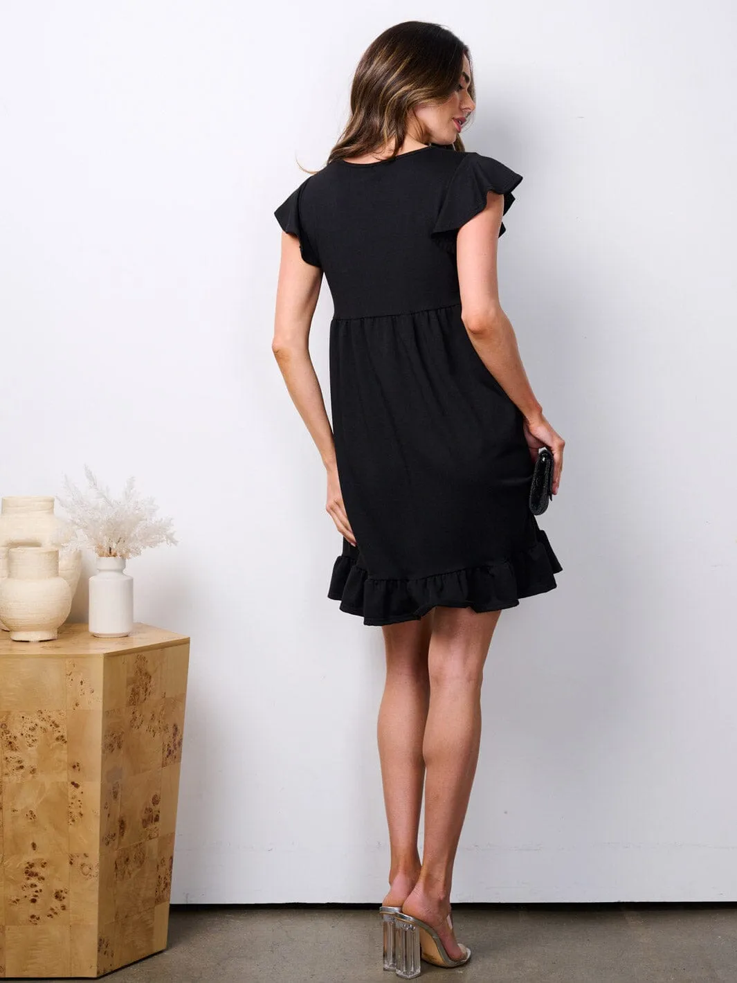 WOMEN'S SHORT RUFFLE SLEEVE POCKETS TUNIC MINI DRESS