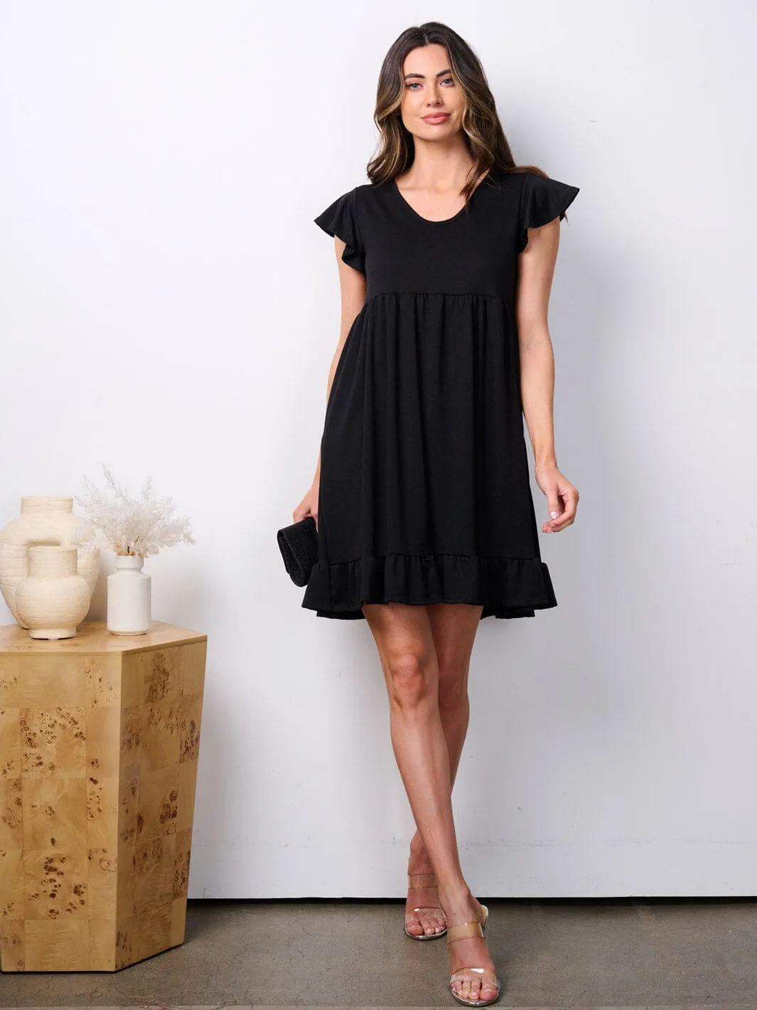 WOMEN'S SHORT RUFFLE SLEEVE POCKETS TUNIC MINI DRESS