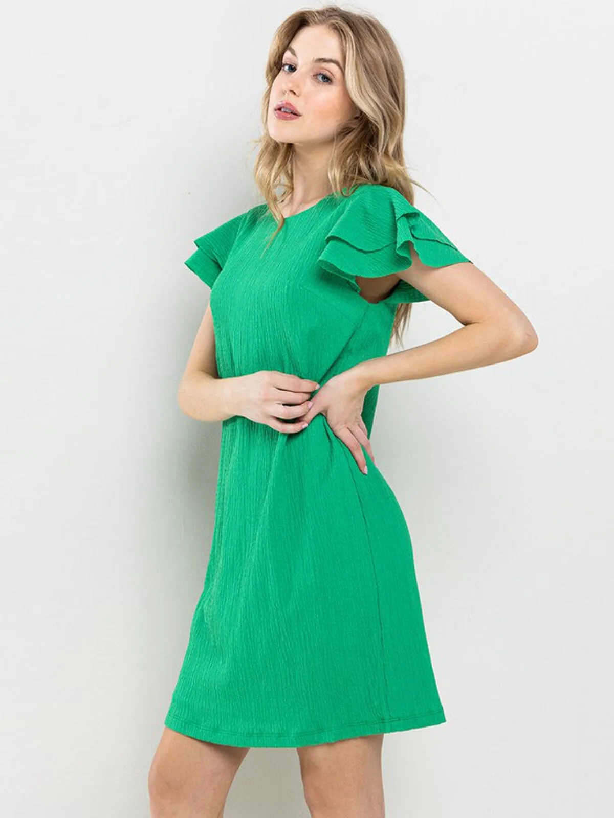 WOMEN'S SHORT RUFFLE SLEEVE TUNIC MINI DRESS