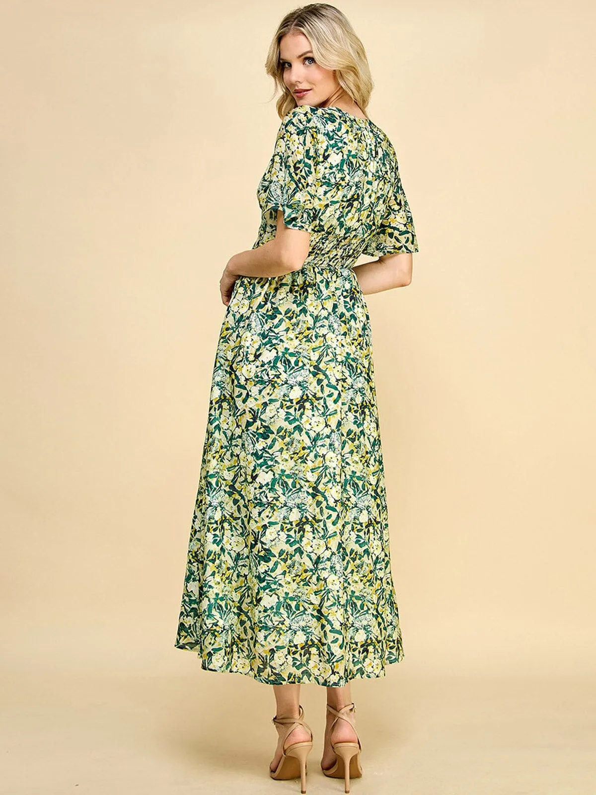 WOMEN'S SHORT RUFFLE SLEEVE V-NECK FLORAL PRINT MAXI DRESS