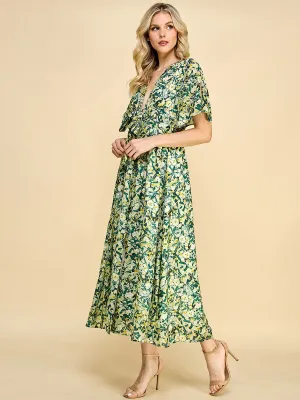 WOMEN'S SHORT RUFFLE SLEEVE V-NECK FLORAL PRINT MAXI DRESS