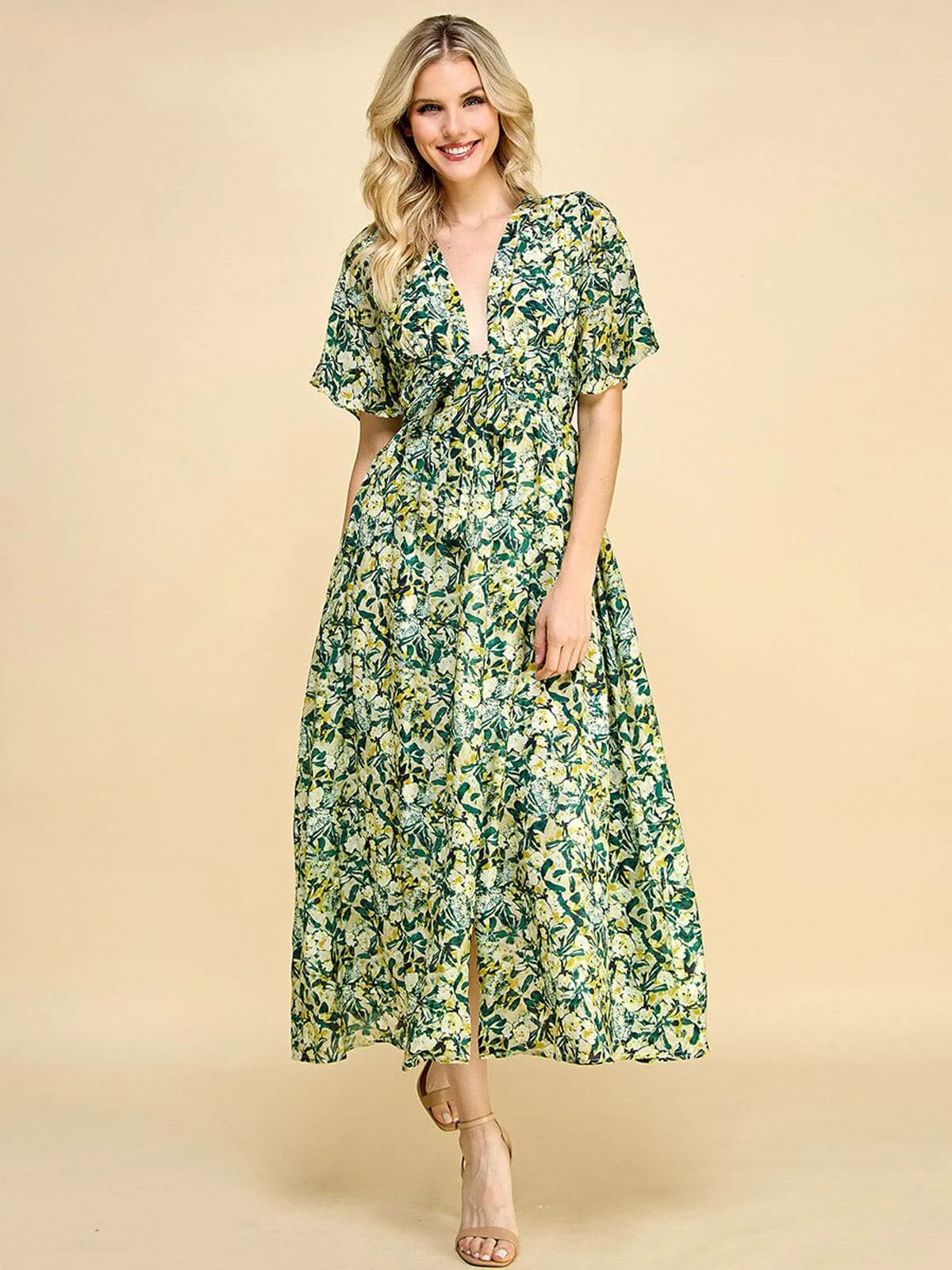 WOMEN'S SHORT RUFFLE SLEEVE V-NECK FLORAL PRINT MAXI DRESS