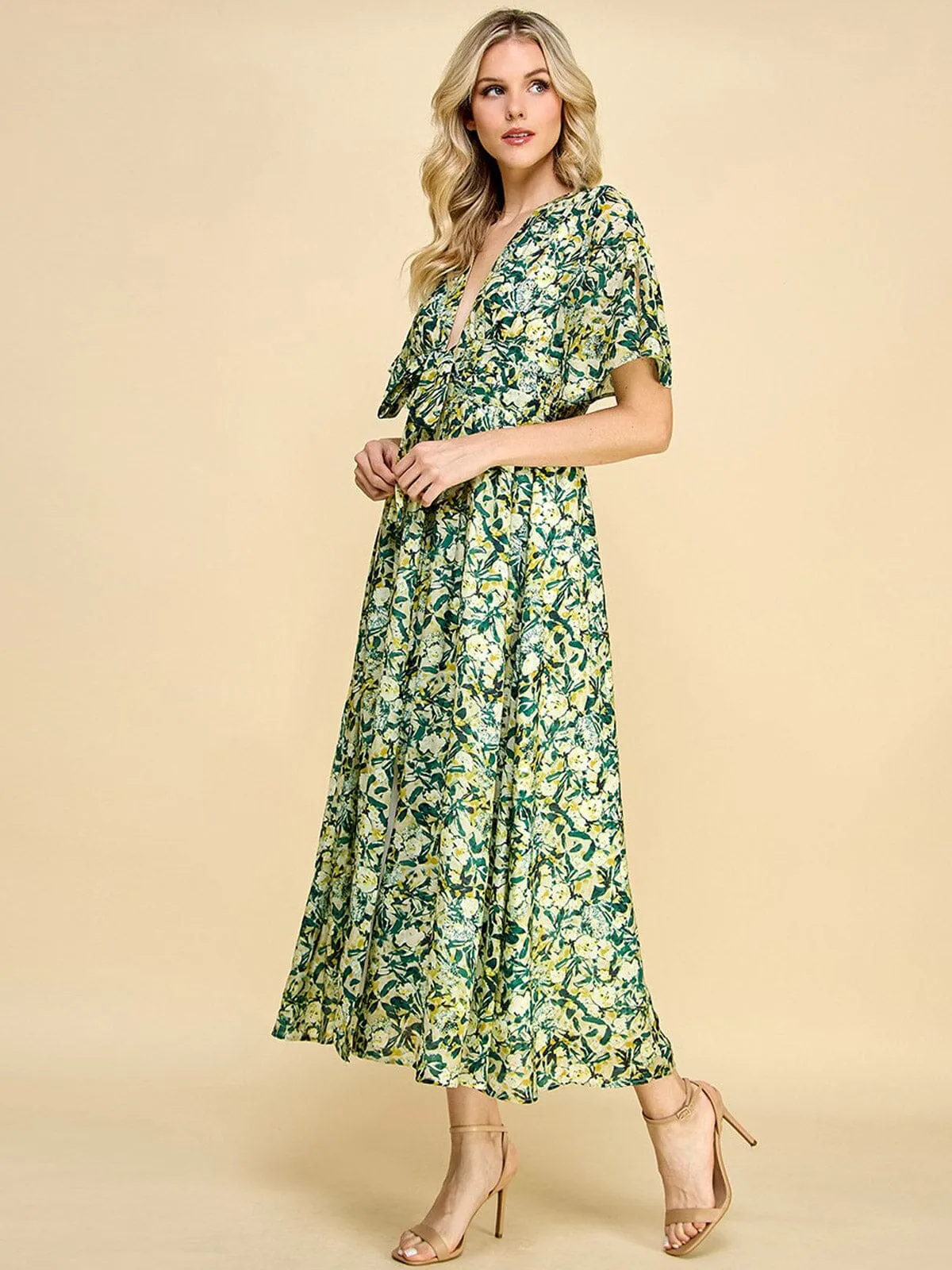 WOMEN'S SHORT RUFFLE SLEEVE V-NECK FLORAL PRINT MAXI DRESS