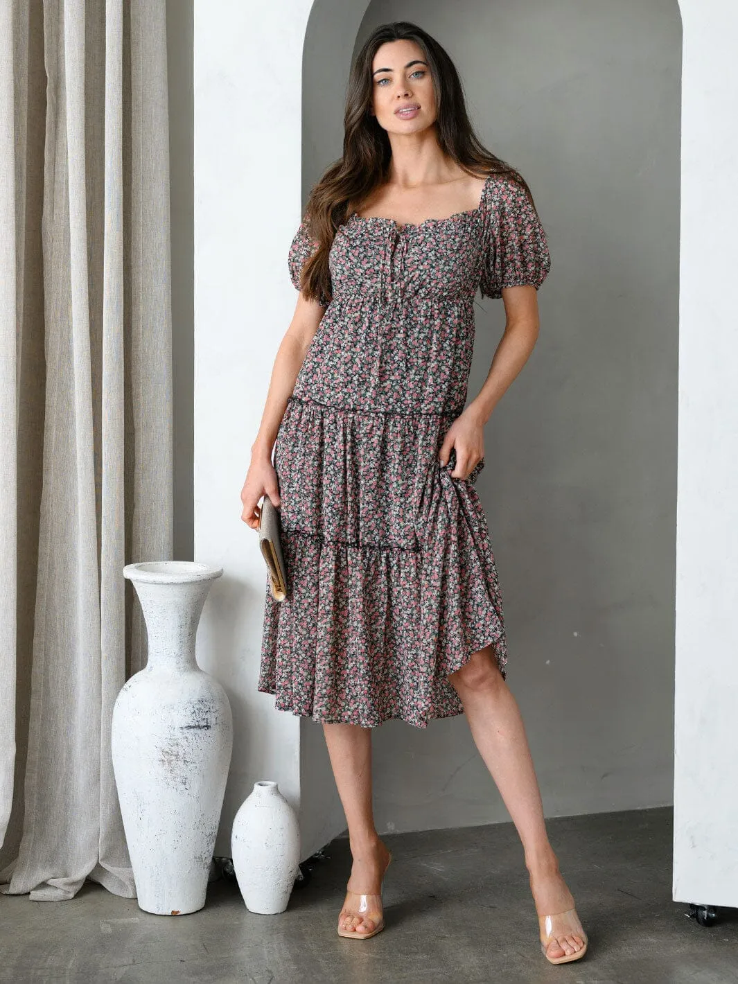 WOMEN'S SHORT SLEEVE FLORAL TIERED MIDI DRESS