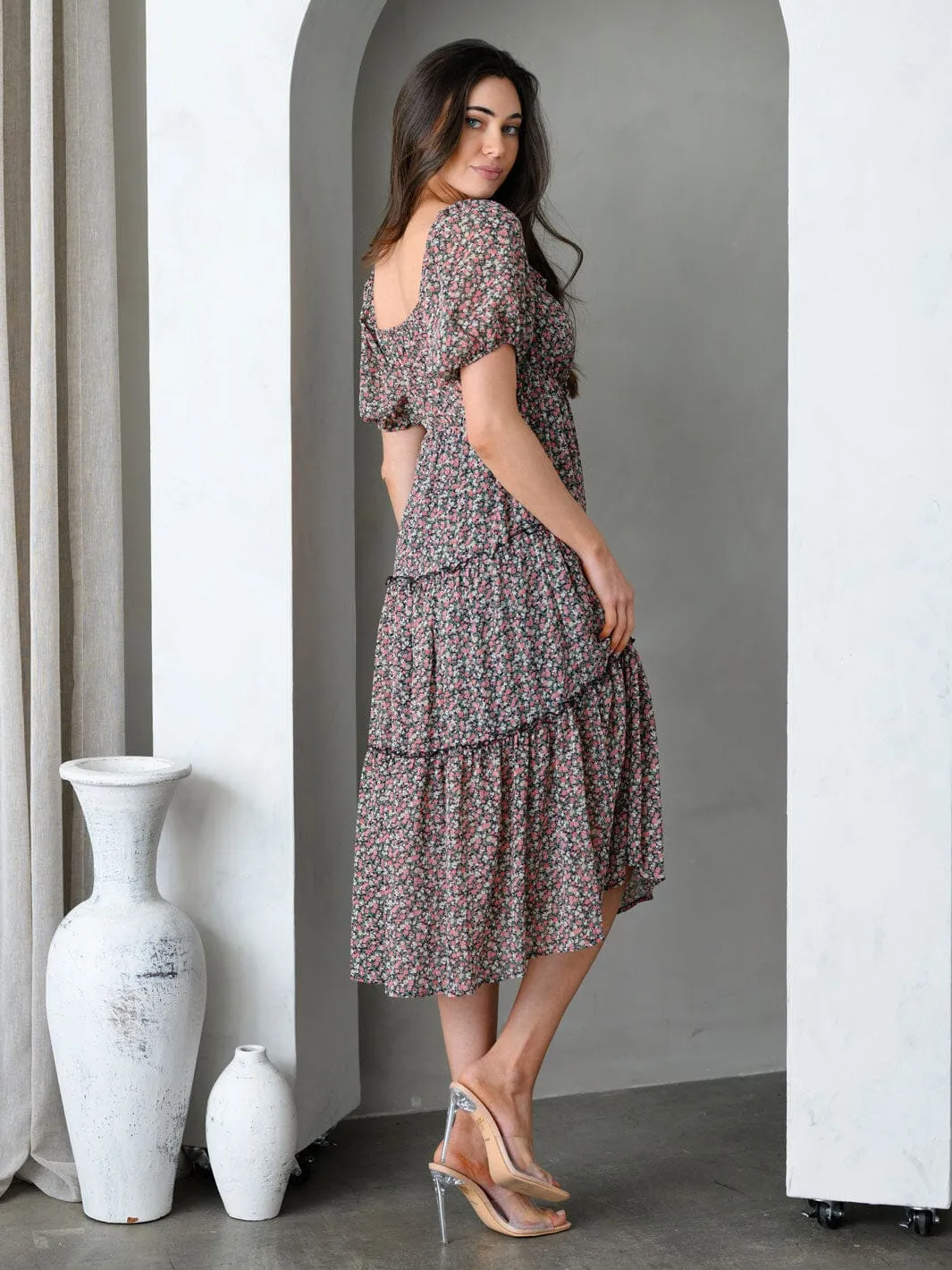 WOMEN'S SHORT SLEEVE FLORAL TIERED MIDI DRESS