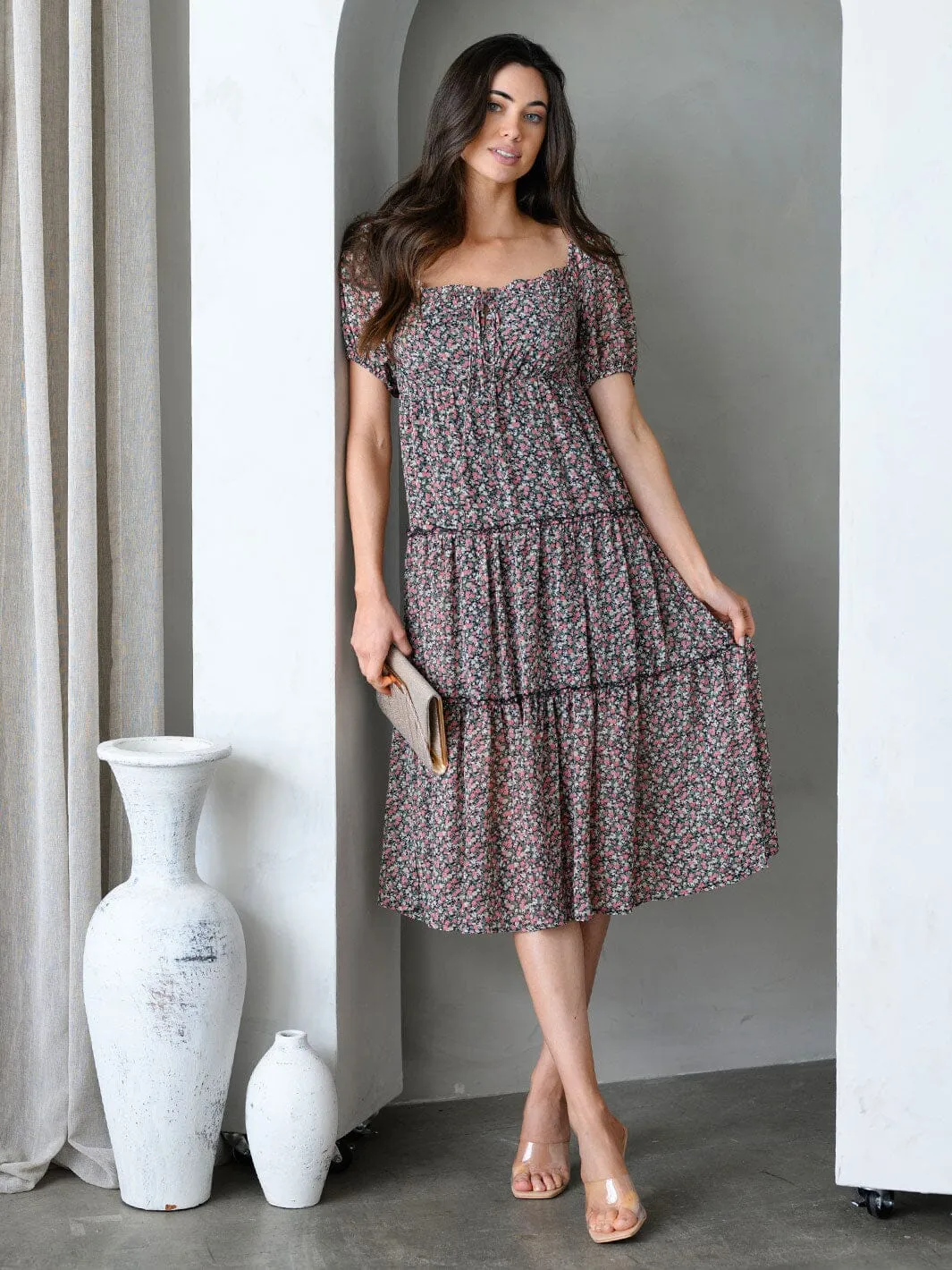 WOMEN'S SHORT SLEEVE FLORAL TIERED MIDI DRESS