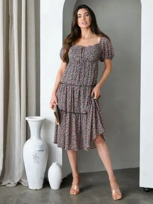 WOMEN'S SHORT SLEEVE FLORAL TIERED MIDI DRESS