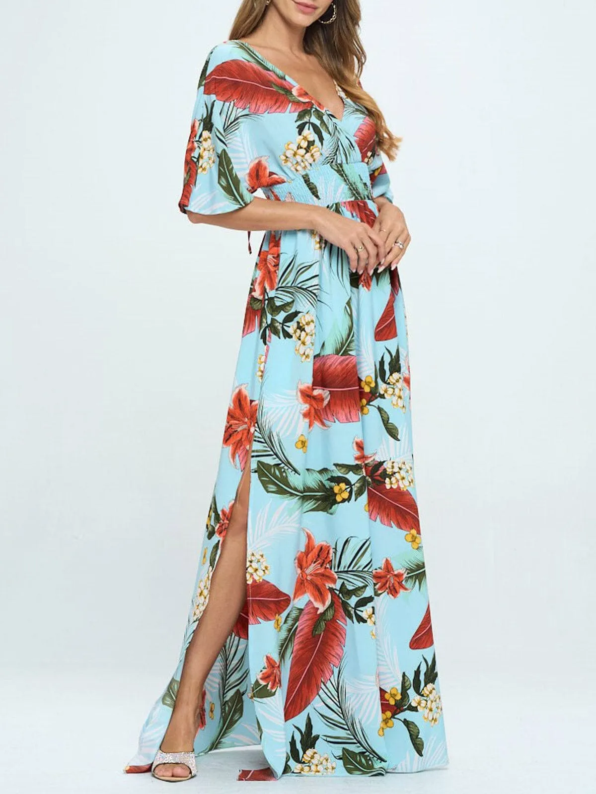 WOMEN'S SHORT SLEEVE SURPLICE SMOCK WAIST PRINTED MAXI DRESS