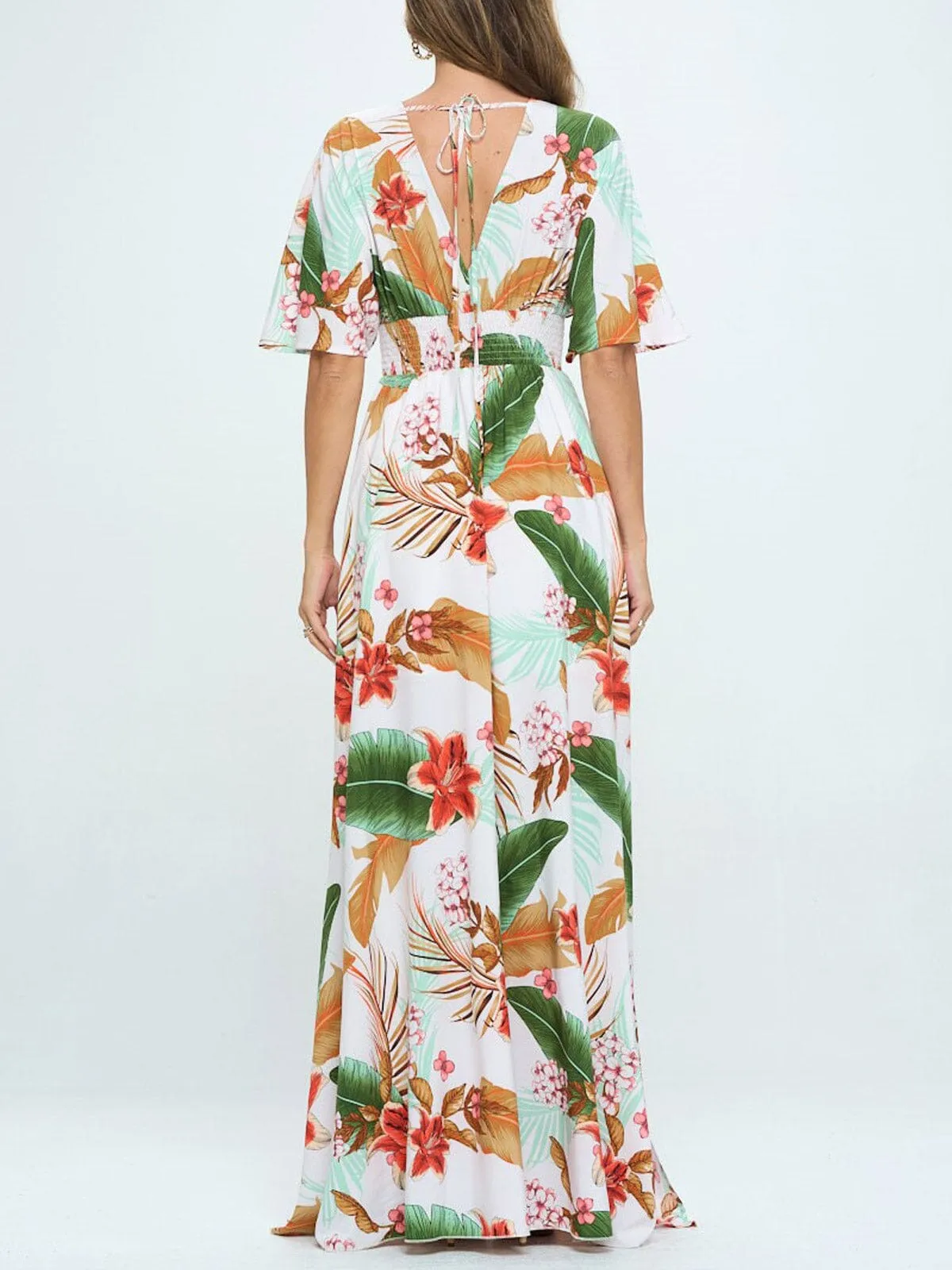 WOMEN'S SHORT SLEEVE SURPLICE SMOCK WAIST PRINTED MAXI DRESS