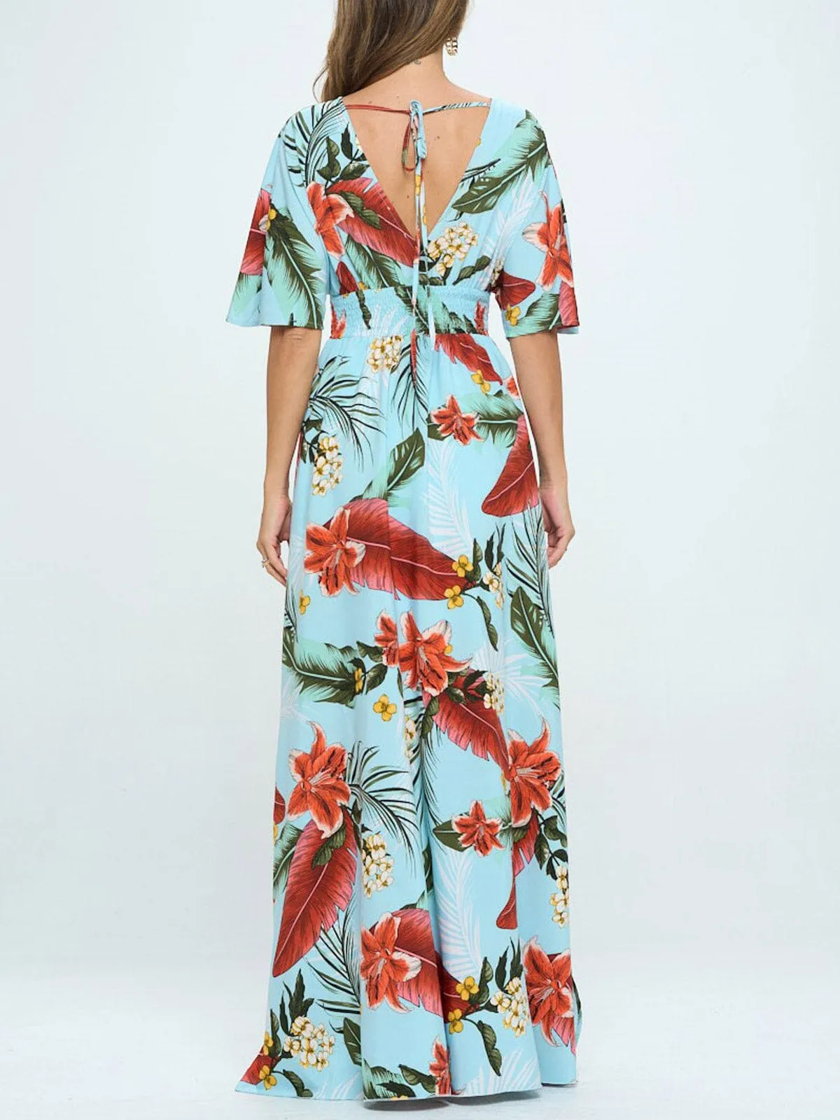 WOMEN'S SHORT SLEEVE SURPLICE SMOCK WAIST PRINTED MAXI DRESS