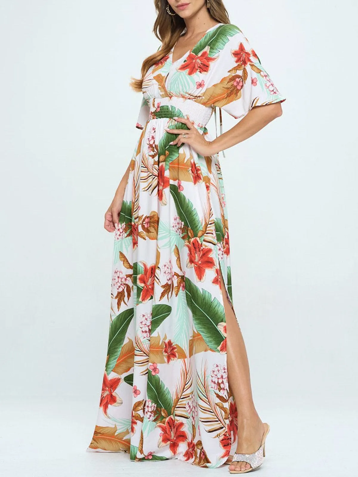 WOMEN'S SHORT SLEEVE SURPLICE SMOCK WAIST PRINTED MAXI DRESS