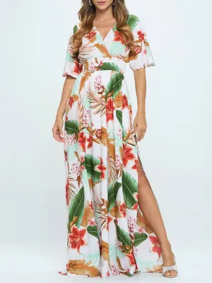 WOMEN'S SHORT SLEEVE SURPLICE SMOCK WAIST PRINTED MAXI DRESS
