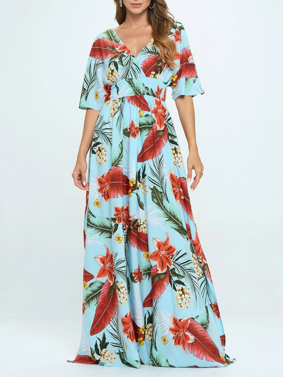 WOMEN'S SHORT SLEEVE SURPLICE SMOCK WAIST PRINTED MAXI DRESS