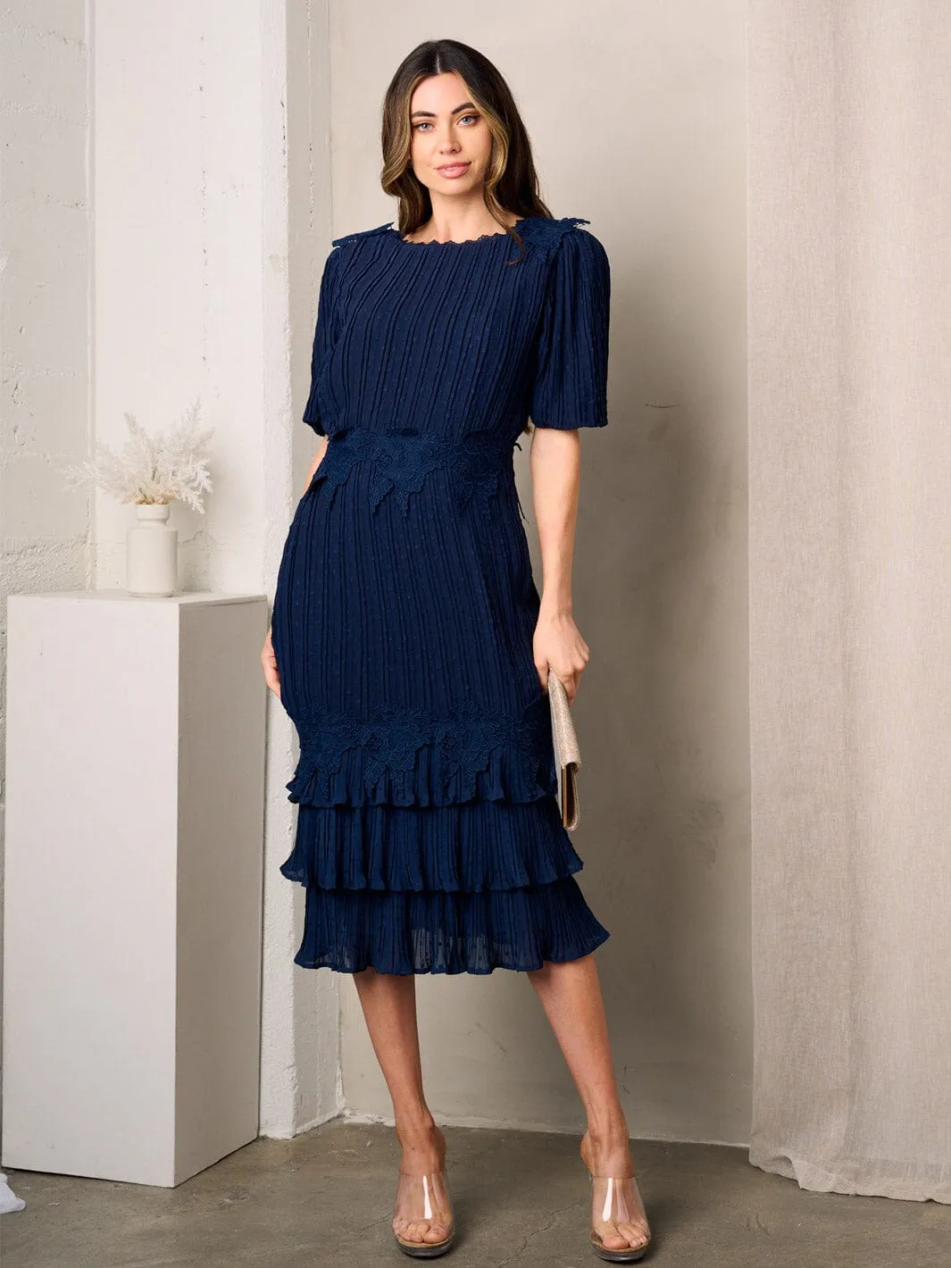 WOMEN'S SHORT SLEEVE SWISS DOTS EMBROIDERY RUFFLE MIDI DRESS