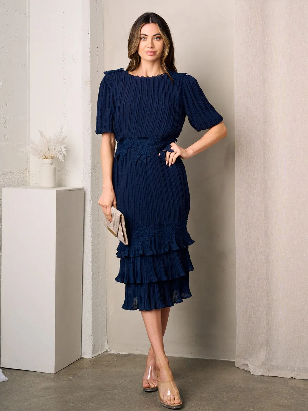 WOMEN'S SHORT SLEEVE SWISS DOTS EMBROIDERY RUFFLE MIDI DRESS