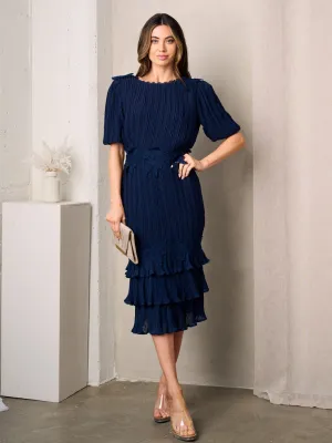 WOMEN'S SHORT SLEEVE SWISS DOTS EMBROIDERY RUFFLE MIDI DRESS