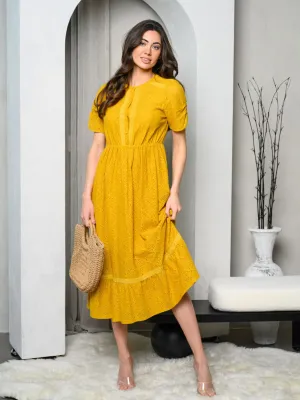 WOMEN'S SHORT SLEEVE TIERED EYELET MIDI DRESS
