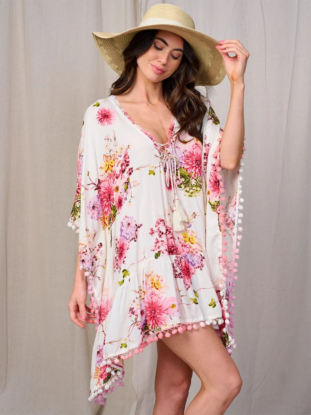 WOMEN'S SHORT SLEEVE V-NECK FLORAL HIGH-LOW MINI DRESS