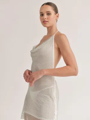 WOMEN'S SLEEVELESS HALTER NECK OPEN BACK MESH SEQUINS NET MINI DRESS