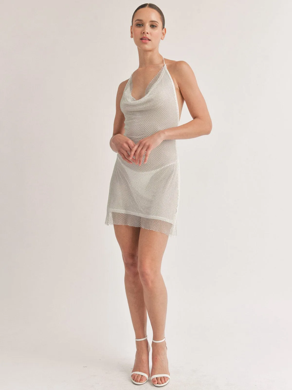 WOMEN'S SLEEVELESS HALTER NECK OPEN BACK MESH SEQUINS NET MINI DRESS