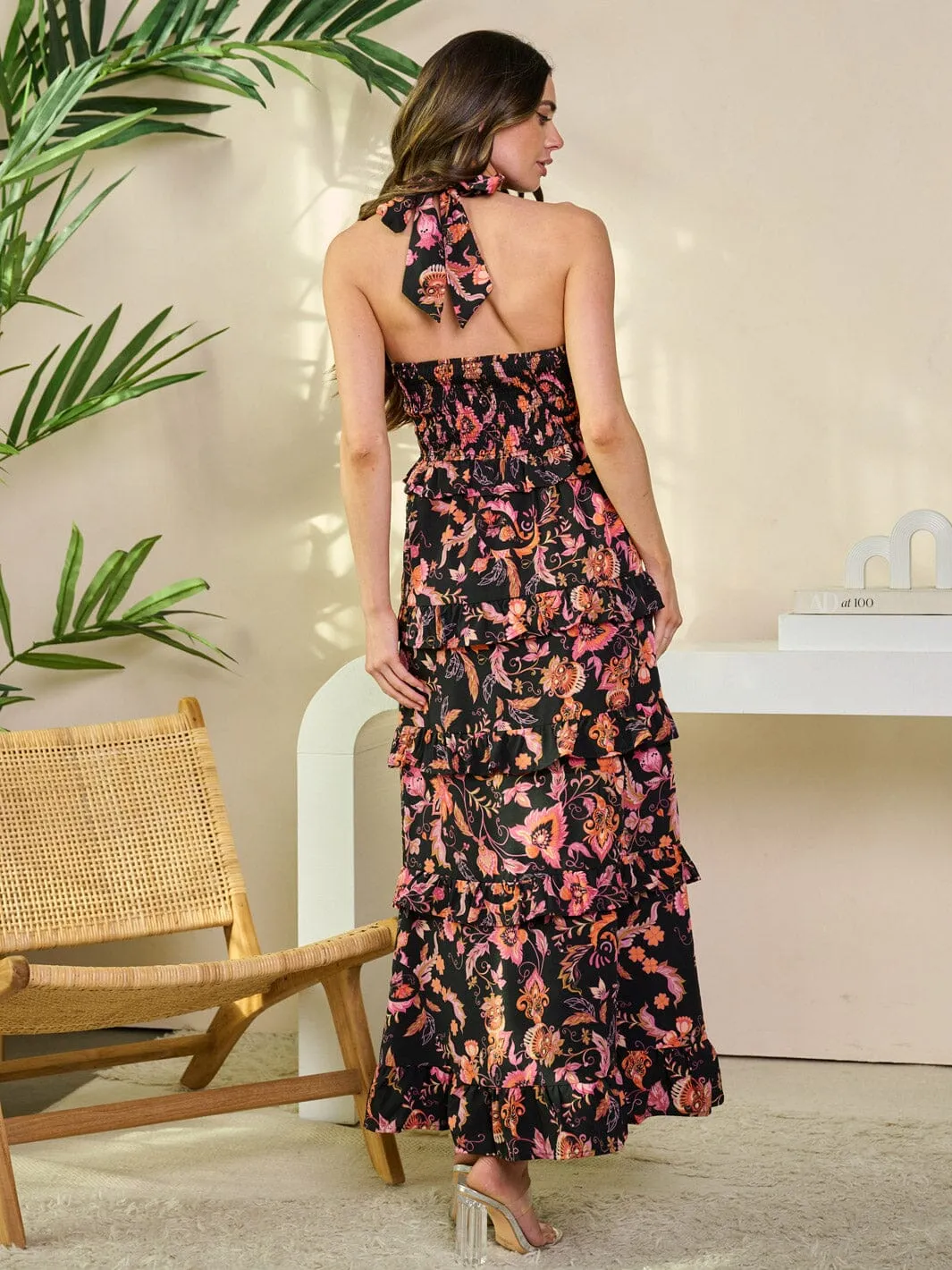 WOMEN'S SLEEVELESS HALTER NECK TIERED FLORAL MAXI DRESS