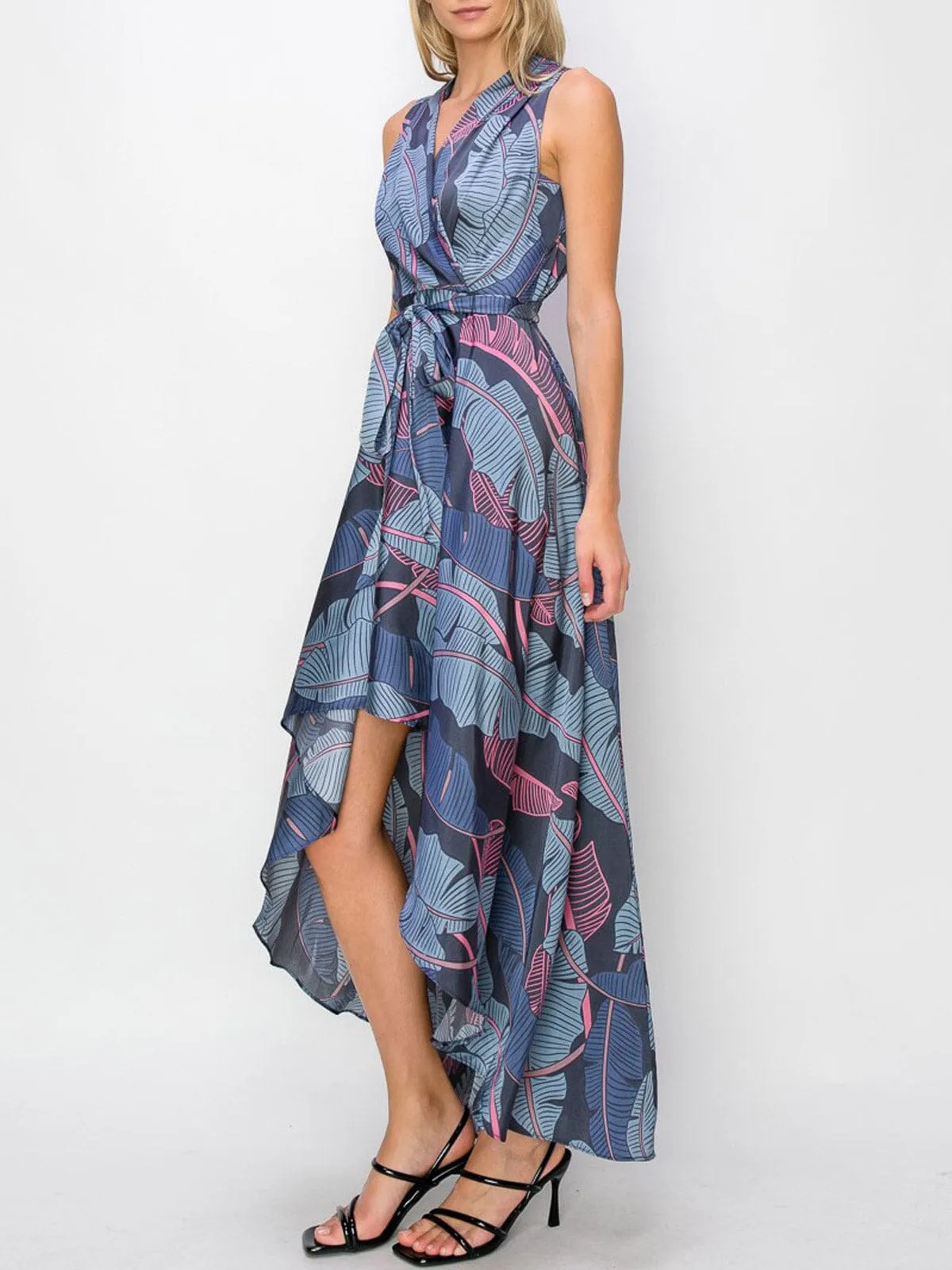 WOMEN'S SLEEVELESS LEAF PRINT SURPLICE HIGH-LOW MAXI DRESS