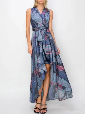 WOMEN'S SLEEVELESS LEAF PRINT SURPLICE HIGH-LOW MAXI DRESS