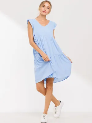 WOMEN'S SLEEVELESS RUFFLE V-NECK HI-LOW MINI DRESS