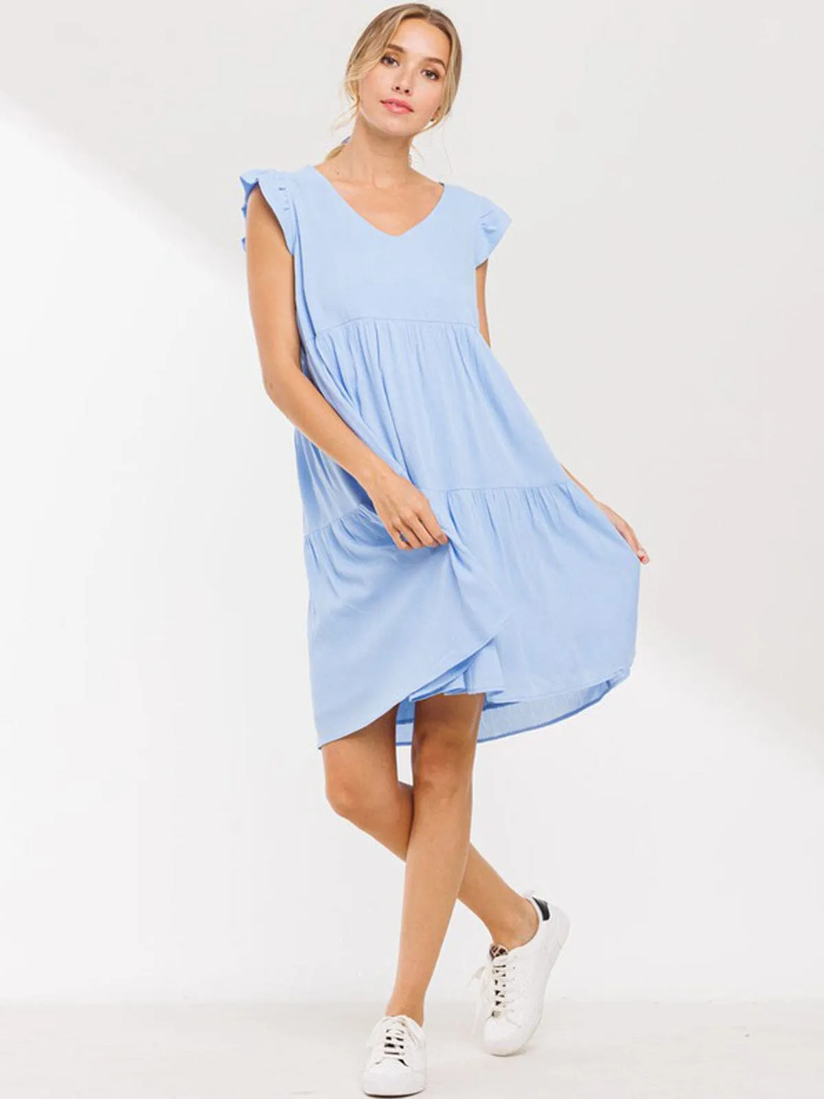 WOMEN'S SLEEVELESS RUFFLE V-NECK HI-LOW MINI DRESS