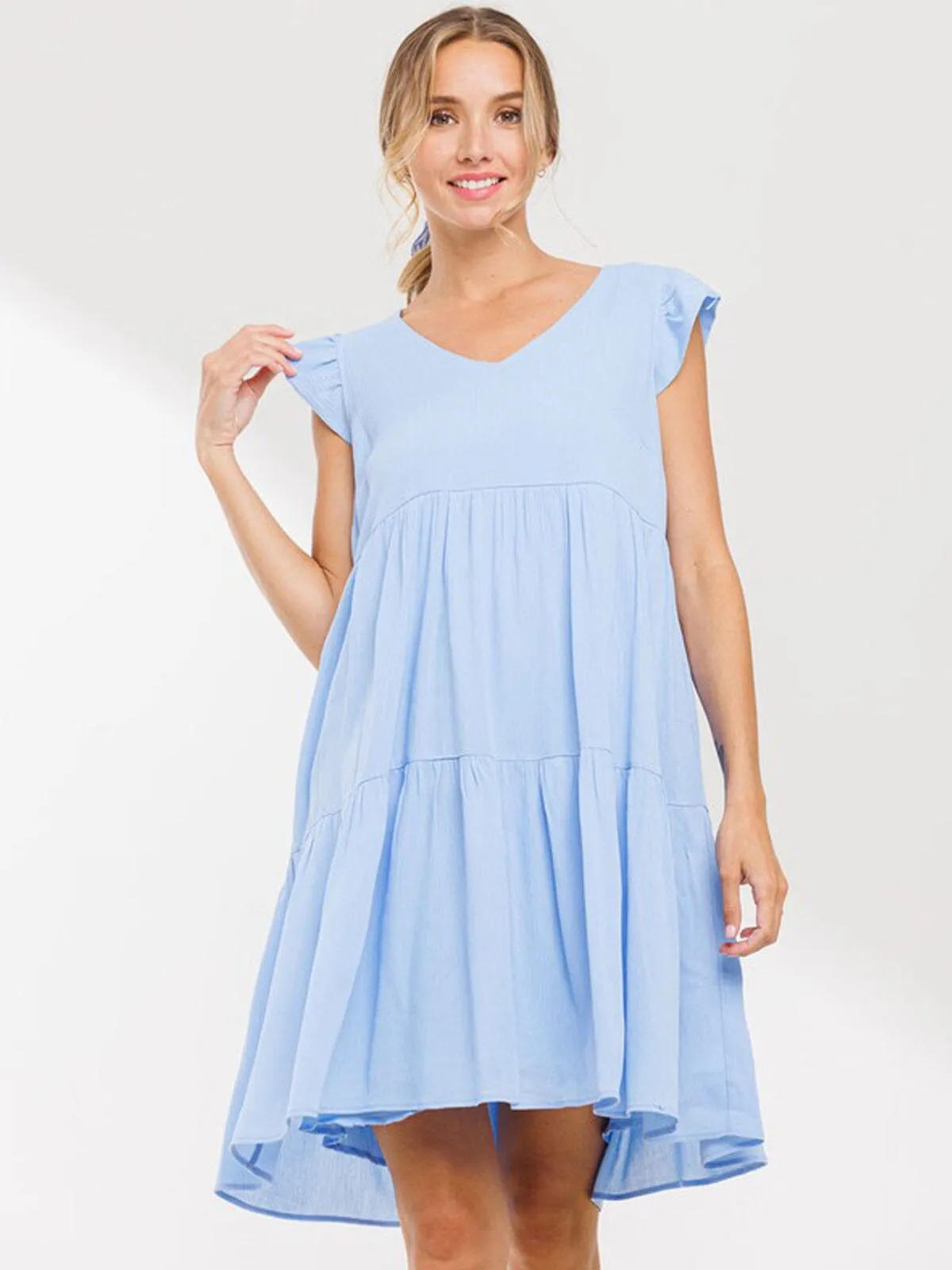 WOMEN'S SLEEVELESS RUFFLE V-NECK HI-LOW MINI DRESS