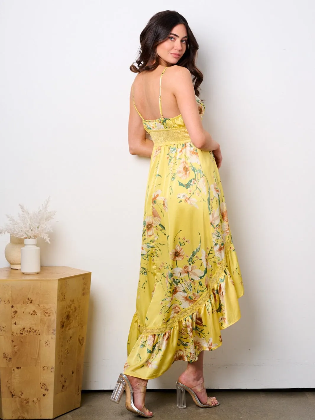 WOMEN'S SLEEVELESS SURPLICE HIGH-LOW FLORAL MAXI DRESS
