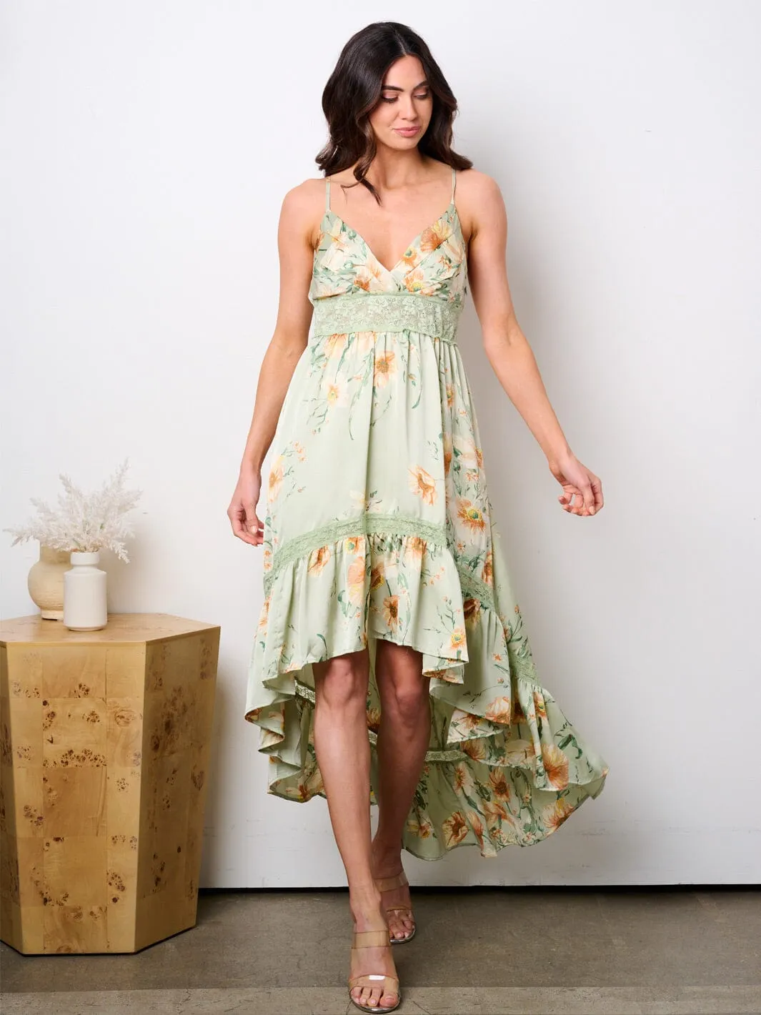 WOMEN'S SLEEVELESS SURPLICE HIGH-LOW FLORAL MAXI DRESS
